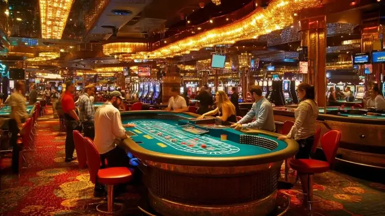 A vibrant casino scene with players gathered around a well-lit craps table. The room is bustling with activity, surrounded by slot machines and lavish golden decor, creating an exciting atmosphere.