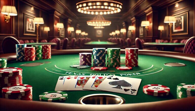 Close-up horizontal view of Texas Hold'em poker cards on a green felt casino table, featuring two face-down player cards beside five face-up community cards in a high-stakes layout. Colorful poker chips are stacked nearby, with dim, sophisticated lighting and dark wood accents in the background, creating an intense and elegant casino atmosphere.